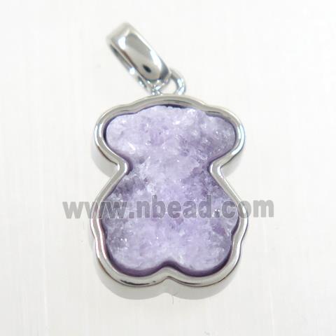 purple druzy quartz pendant, bear, platinum plated