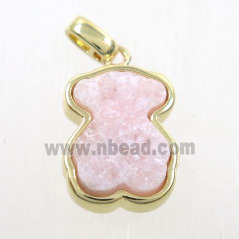 pink druzy quartz pendant, bear, gold plated