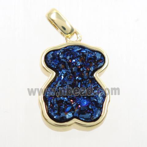 blue electroplated druzy quartz pendant, bear, gold plated