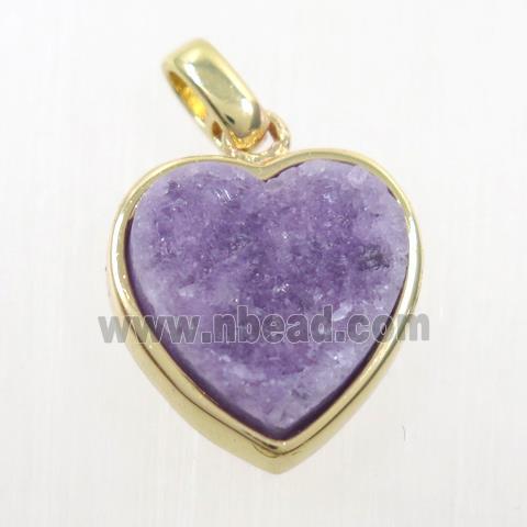 purple druzy quartz heart pendant, gold plated