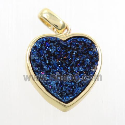 blue electroplated druzy quartz heart pendant, gold plated