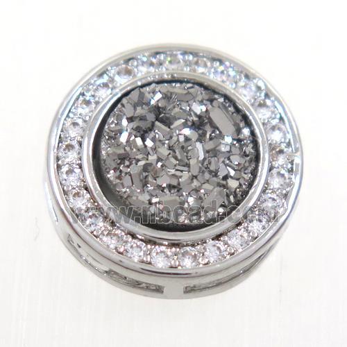 silver Druzy Quartz beads pave zircon, flat-round, platinum plated