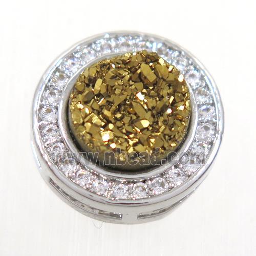 golden Druzy Quartz beads pave zircon, flat-round, platinum plated