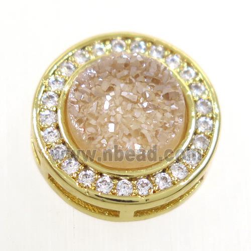 gold champagne Druzy Quartz beads pave zircon, flat-round, gold plated