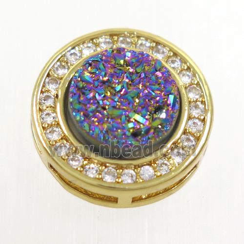 rainbow Druzy Quartz beads pave zircon, flat-round, gold plated