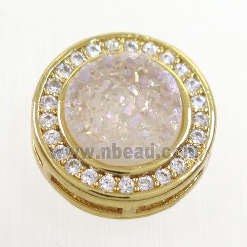 white AB-color Druzy Quartz beads pave zircon, flat-round, gold plated