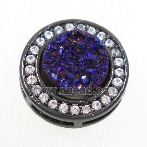 purple Druzy Quartz beads pave zircon, flat-round, black plated