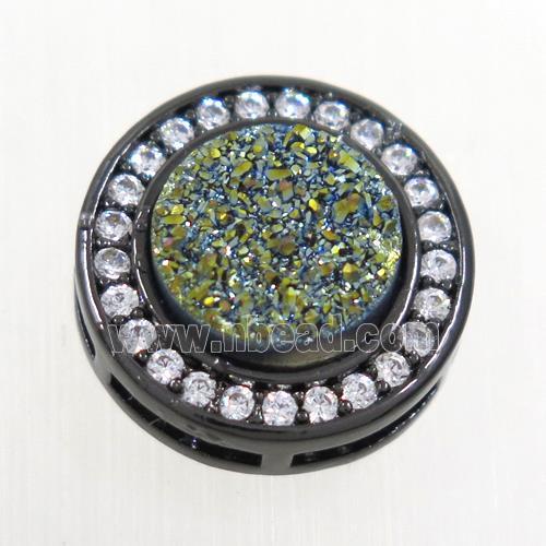 green Druzy Quartz beads pave zircon, flat-round, black plated