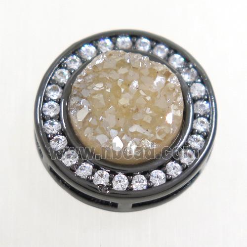 gold champagne Druzy Quartz beads pave zircon, flat-round, black plated