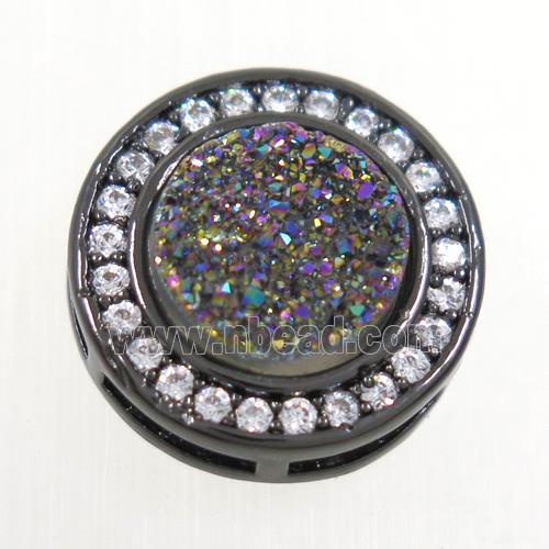 rainbow Druzy Quartz beads pave zircon, flat-round, black plated