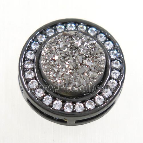 silver Druzy Quartz beads pave zircon, flat-round, black plated