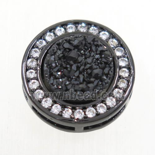 black Druzy Quartz beads pave zircon, flat-round, black plated