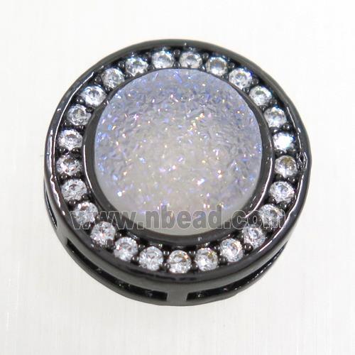 white AB-color Druzy Quartz beads pave zircon, flat-round, black plated