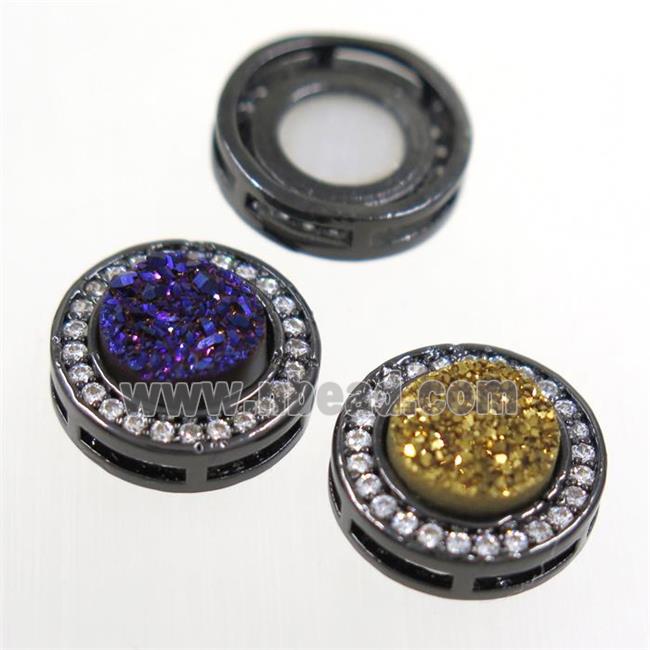 mix color Druzy Quartz beads pave zircon, flat-round, black plated