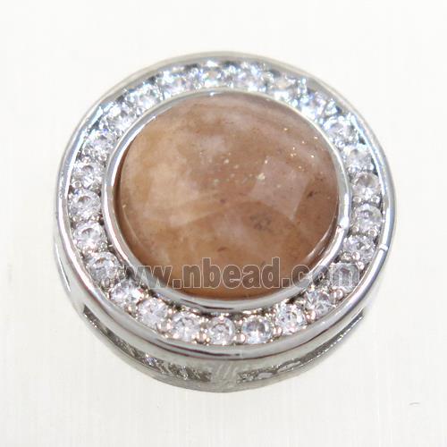 peach MoonStone beads pave zircon, flat-round, platinum plated