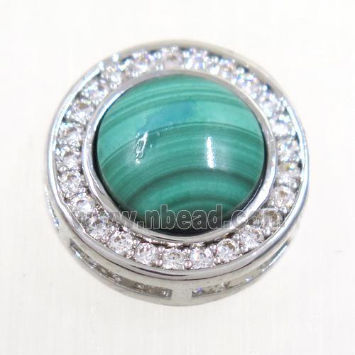 green Malachite beads pave zircon, flat-round, platinum plated