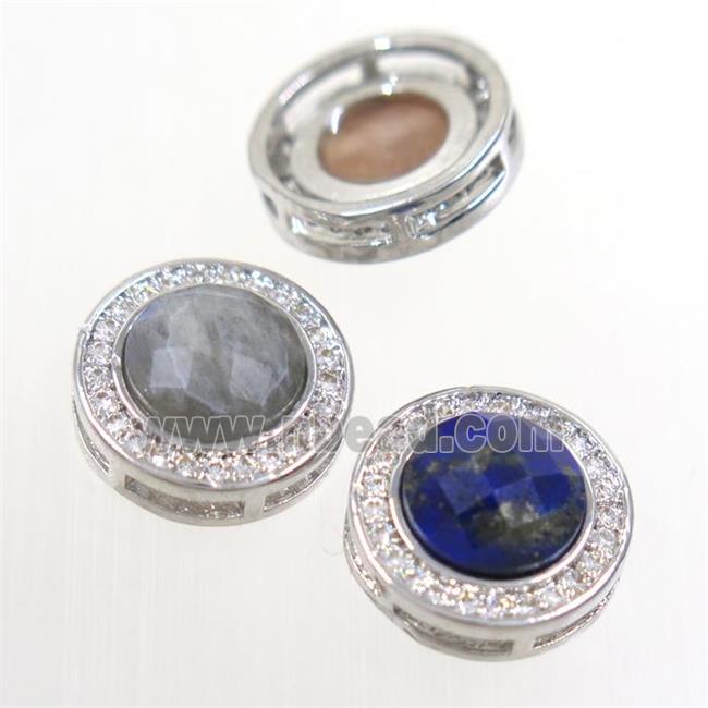 mix gemstone beads pave zircon, flat-round, platinum plated
