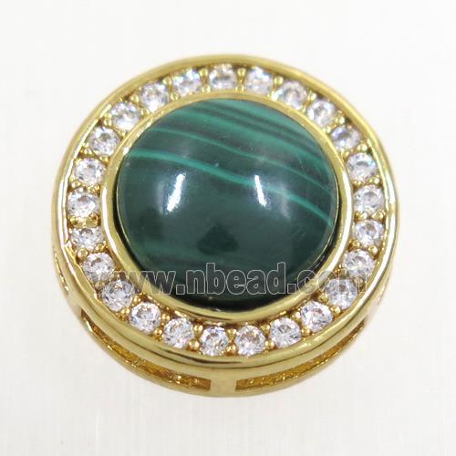 green Malachite beads pave zircon, flat-round, gold plated