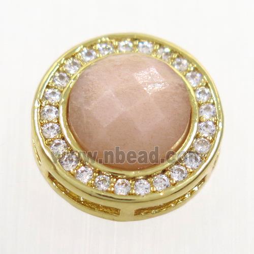 peach MoonStone beads pave zircon, flat-round, gold plated