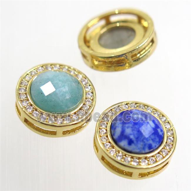 mix gemstone beads pave zircon, flat-round, gold plated