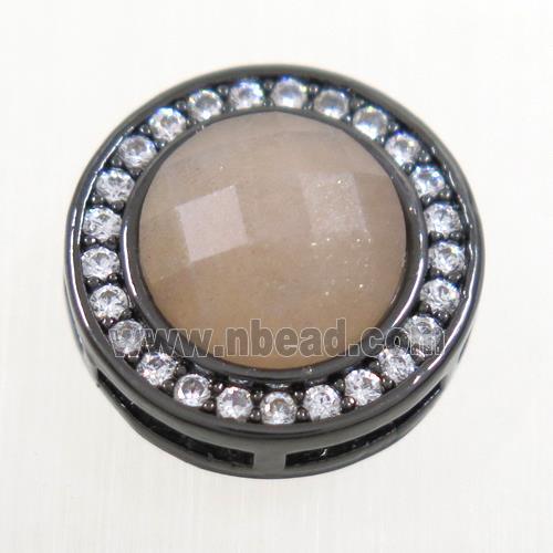 peach MoonStone beads pave zircon, flat-round, black plated