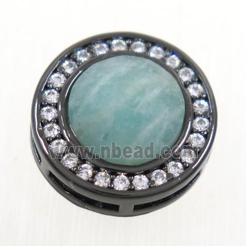 green Amazonite beads pave zircon, flat-round, black plated