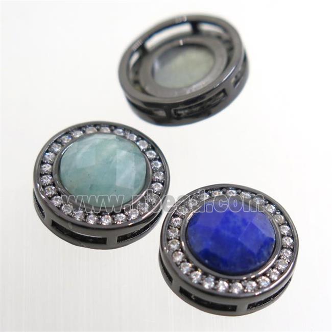mix gemstone beads pave zircon, flat-round, black plated