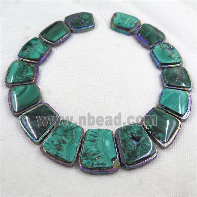 green Malachite collar beads for necklace, trapeziform, graduated, rainbow plated