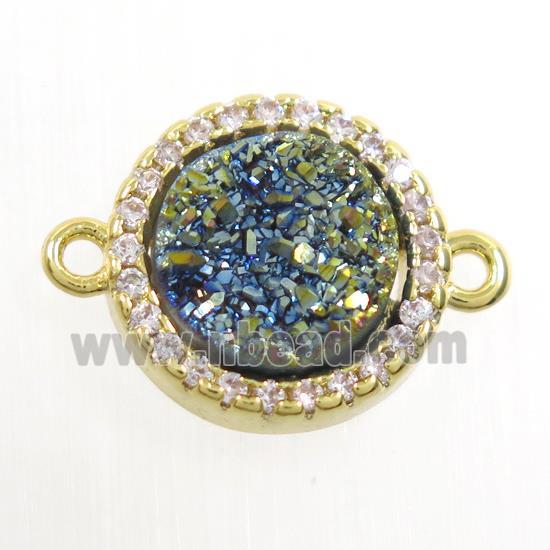 green Druzy Quartz connector paved zircon, circle, gold plated
