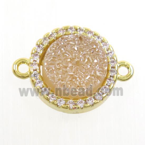 gold champagne Druzy Quartz connector paved zircon, circle, gold plated