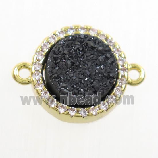 black Druzy Quartz connector paved zircon, circle, gold plated