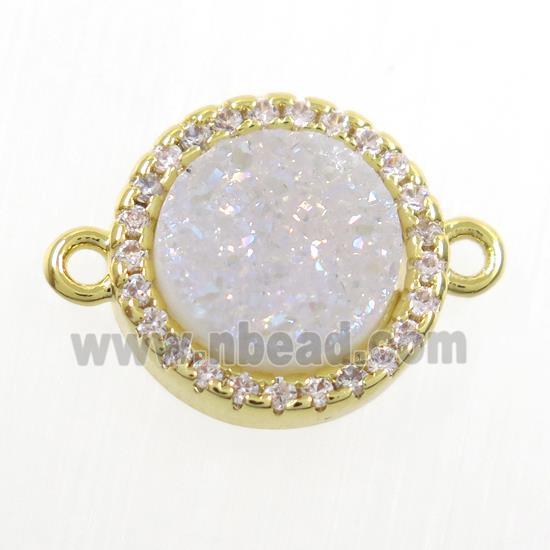 white AB-color Quartz agate connector paved zircon, circle, gold plated