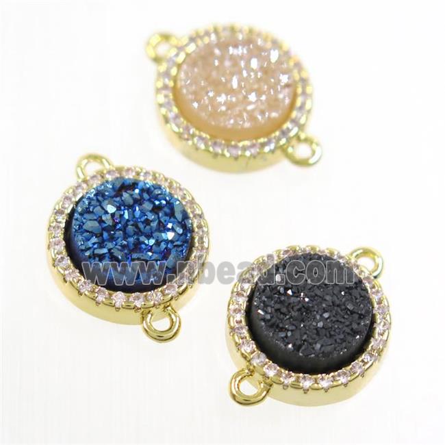 mixed color Druzy Quartz connector paved zircon, circle, gold plated