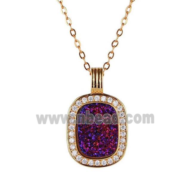 purple Druzy Agate necklace pave zircon, copper, 24k gold plated