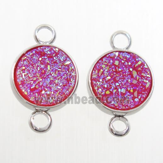 hotpink Druzy Resin connector, circle, platinum plated