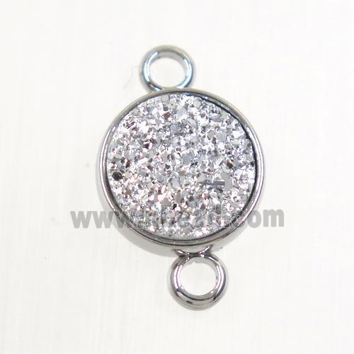silver Druzy Resin connector, circle, platinum plated