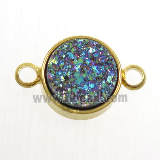 rainbow Druzy Resin connector, circle, gold plated