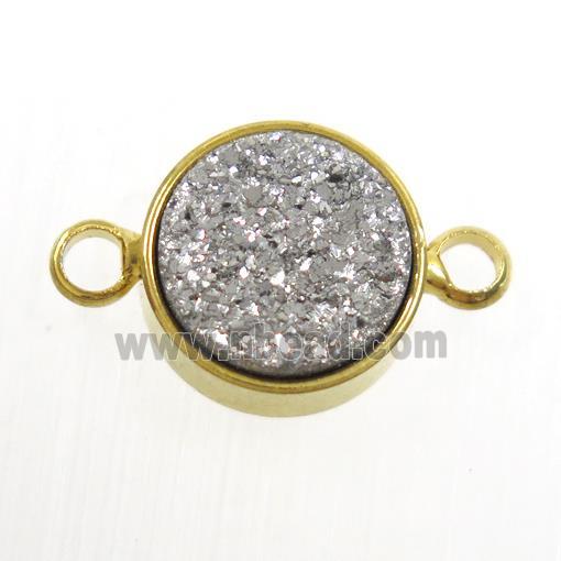 silver Druzy Resin connector, circle, gold plated