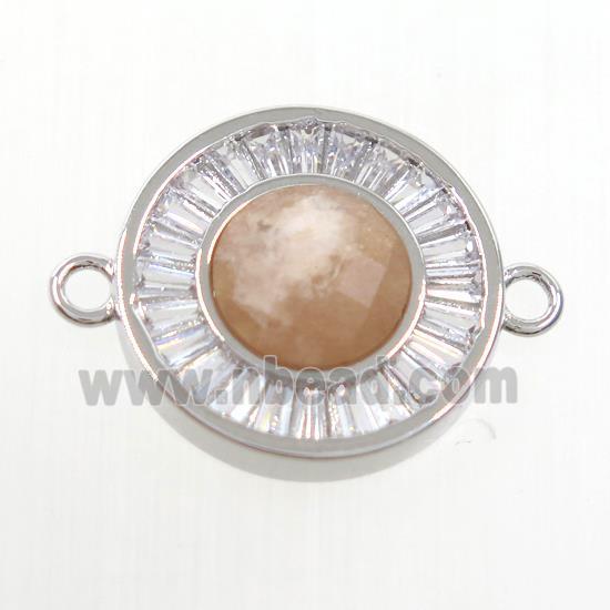 MoonStone circle connector pave zircon, brass, platinum plated