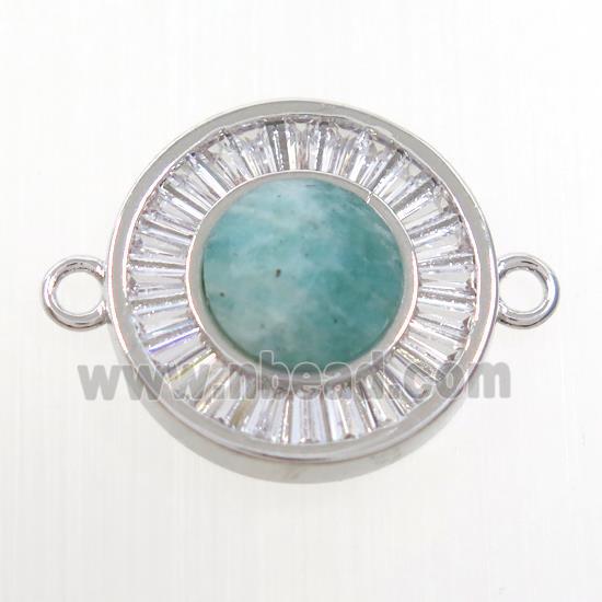 green Amazonite circle connector pave zircon, brass, platinum plated