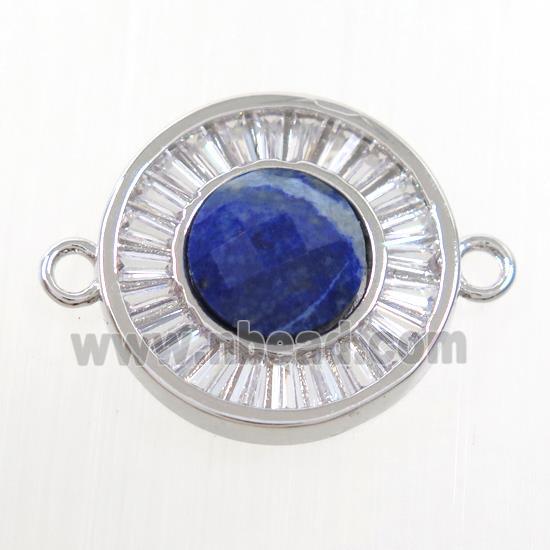 blue Lapis circle connector pave zircon, brass, platinum plated