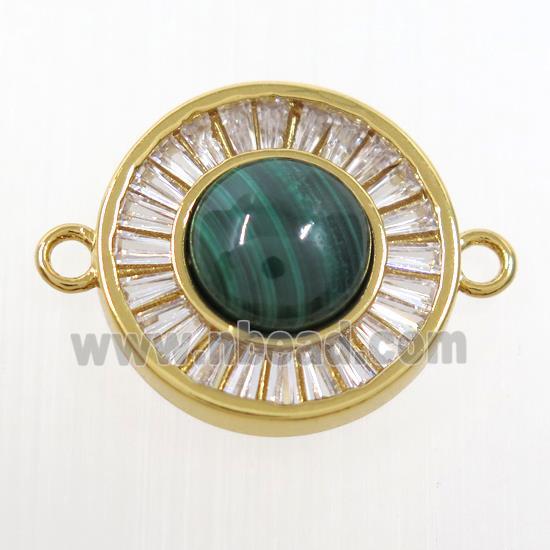green Malachite circle connector pave zircon, brass, gold plated
