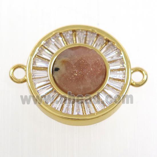 peach MoonStone circle connector pave zircon, brass, gold plated