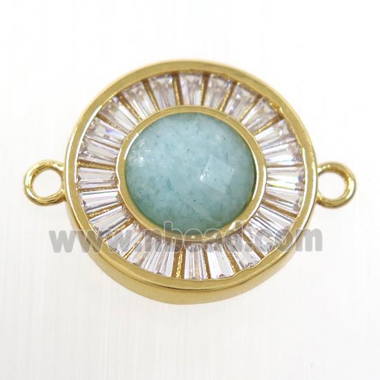 green Amazonite circle connector pave zircon, brass, gold plated