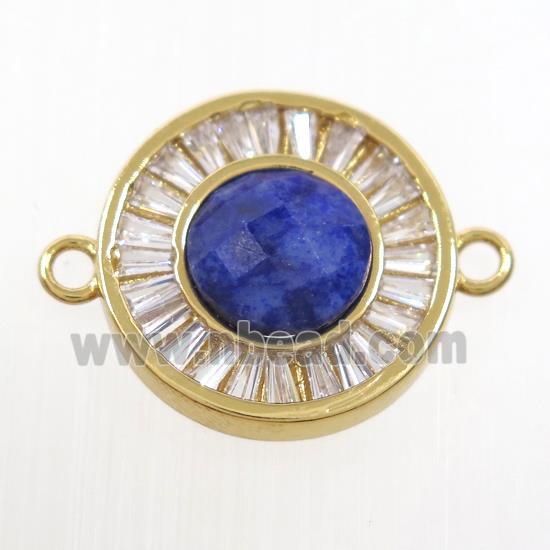 blue Lapis Lazuli circle connector pave zircon, brass, gold plated