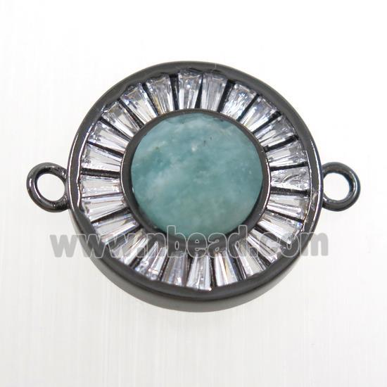 green Amazonite circle connector pave zircon, brass, black plated