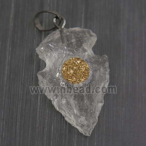 hammered clear quartz arrowhead pendant with druzy