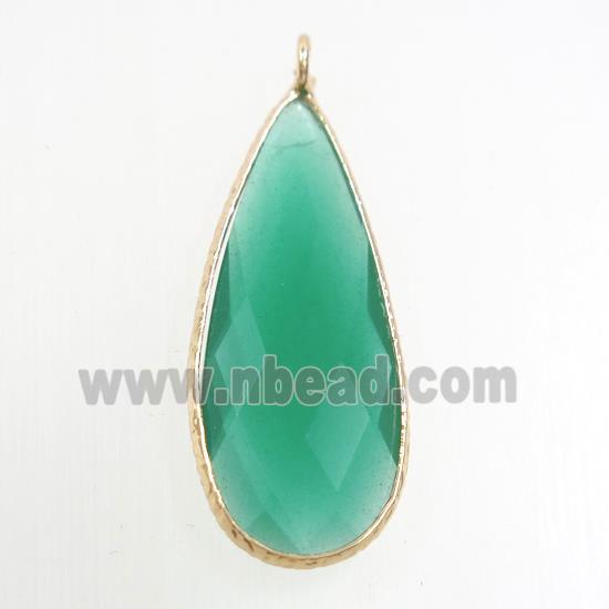 green crystal glass pendant, teardrop, gold plated