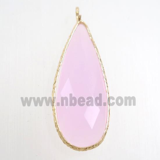 pink crystal glass pendant, teardrop, gold plated