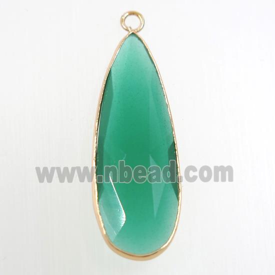 green crystal glass pendant, teardrop, gold plated